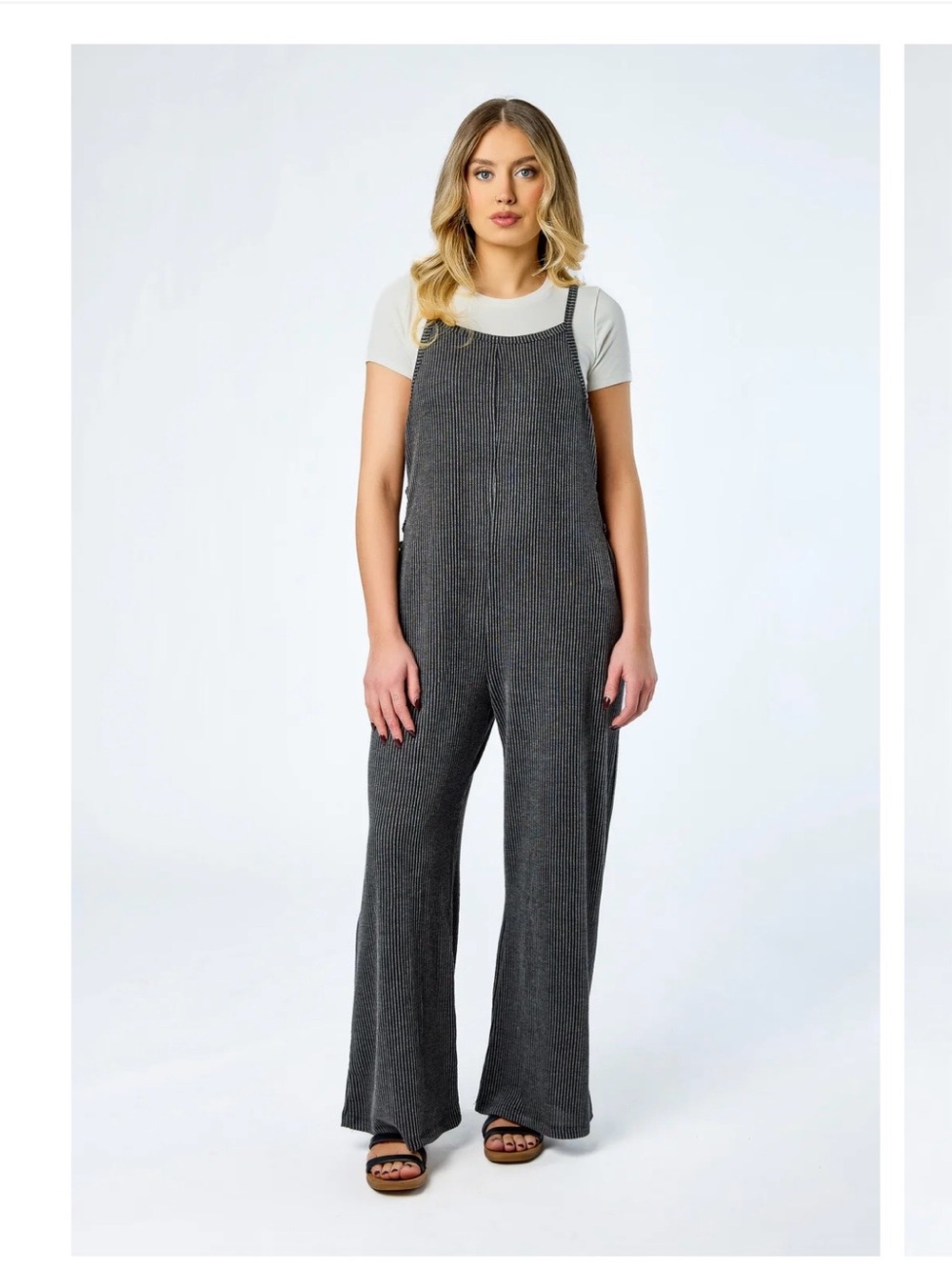 Charcoal and Black Ribbed Wide-Leg Knit Overalls
